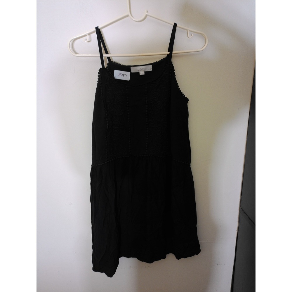 LOFT Tank Top Womens XSP Black Floral Embroidery Pom-Pom Trim Boho Babydoll